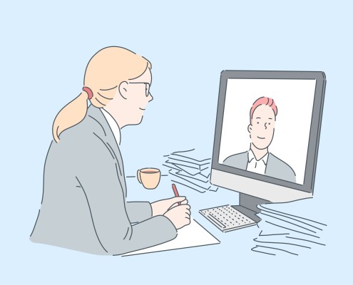 Woman making video call concept. Office worker communicating with business partner online, using modern communication technologies at work, watching internet educational course. Simple flat vector
